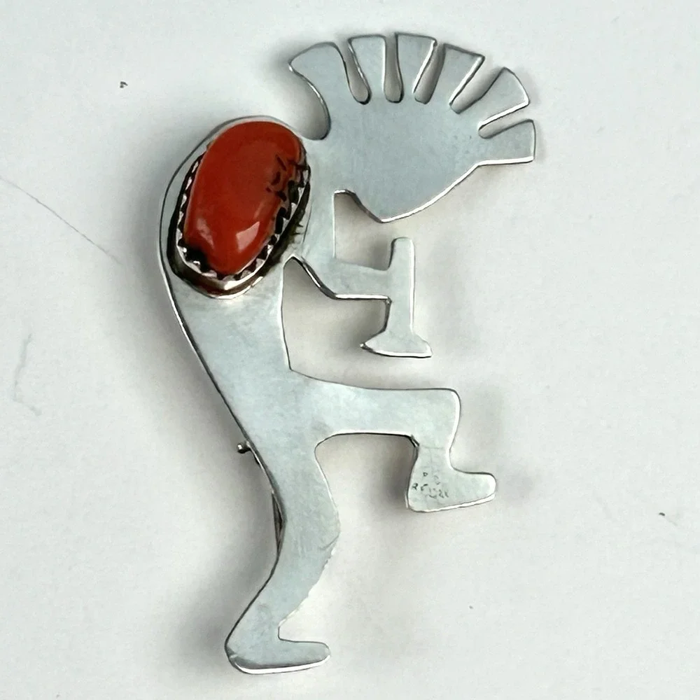 Kokopelli Sterling Silver Red Coral Brooch Pin Arrow Hallmark 3.45g